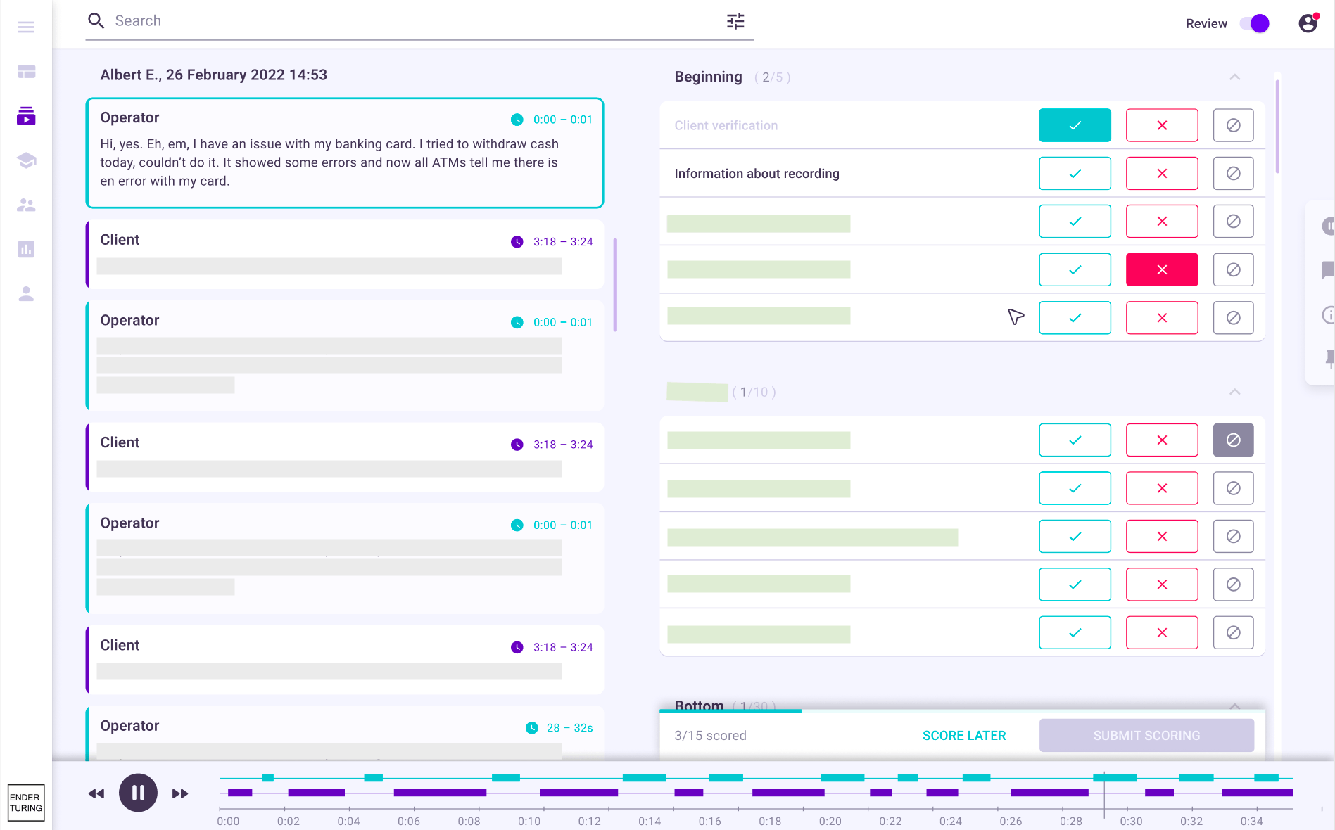Ender Turing review screen: a call transcript on the left, the scorecard on the right, one click per point