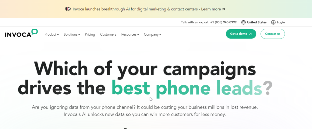 Screenshot of Invoca homepage with AI capabilities in unlocking new data to help businesses win more customers for less money