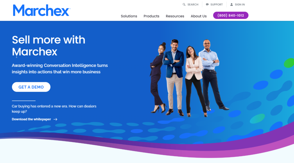 Screenshot of the Marchex homepage promoting their Conversation Intelligence solutions with the tagline "Sell more with Marchex"