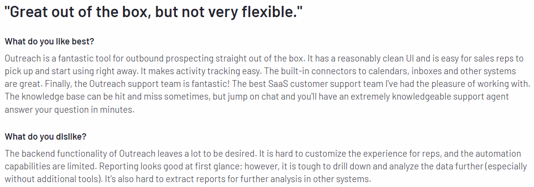 Screenshot of a user review for Outreach with the title "Great out of the box, but not very flexible." The review praises Outreach for its clean UI, ease of use for sales reps, effective activity tracking, and fantastic support team. However, it criticizes the backend functionality, limited customization, and challenging data analysis