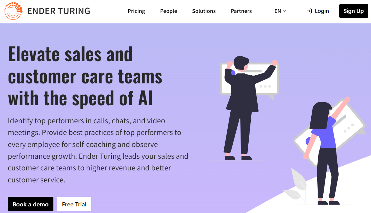 Screenshot of the Ender Turing homepage promoting AI-powered solutions for elevating sales and customer care teams. The page highlights identifying top performers in calls, chats, and video meetings, and providing best practices for self-coaching and performance growth