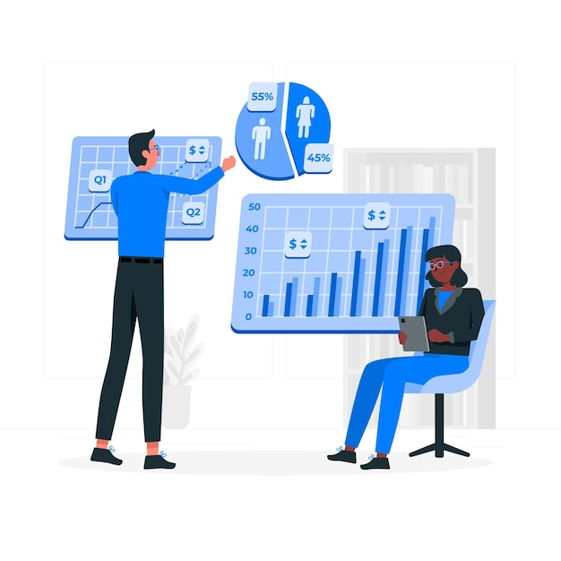 Illustration of two business professionals analyzing charts and graphs