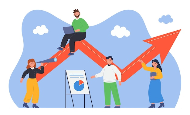 Illustration of a group of people analyzing a rising arrow chart with a telescope, a flip chart, and a laptop