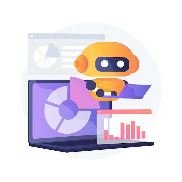 Robot analyzing data on a laptop with charts and graphs