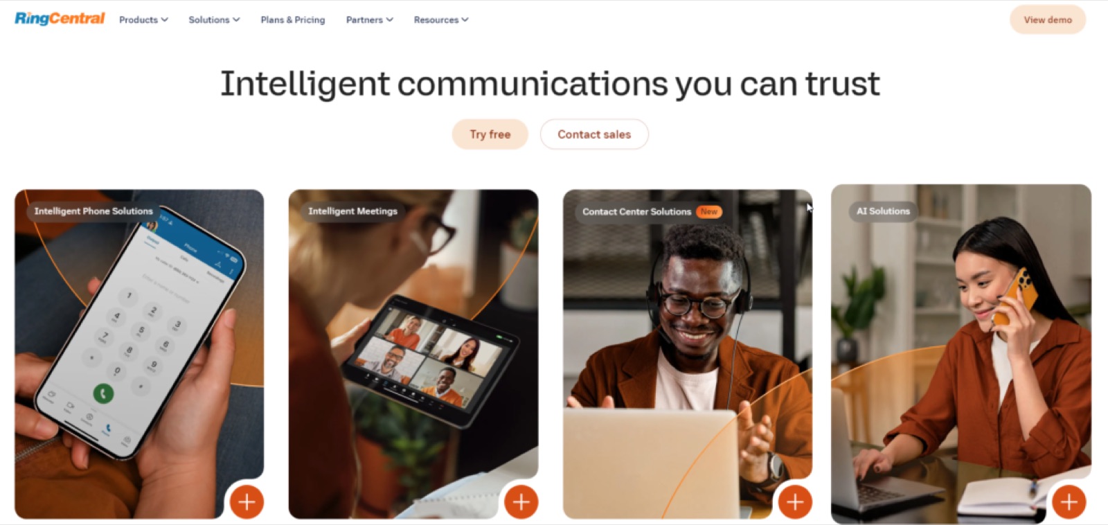 Screenshot of RingCentral's website showcasing their intelligent communication solutions including phone, meetings, contact center, and AI solutions