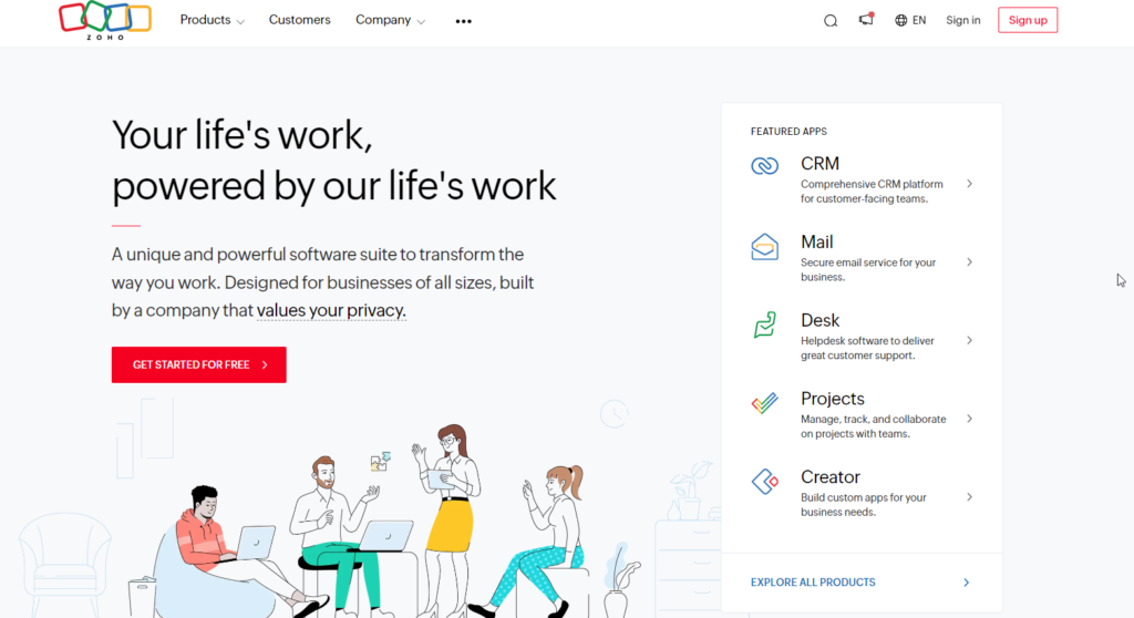 Zoho homepage screenshot showcasing their software suite and featured apps