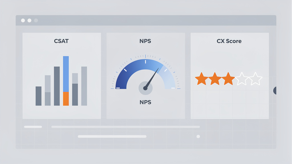 Abstract visual representation comparing different customer satisfaction metrics like CSAT, NPS, and others, using distinct data visualization elements.