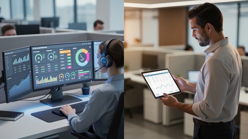 Split image showing a contact center agent using real-time analysis on a screen and a manager reviewing a post-call report.