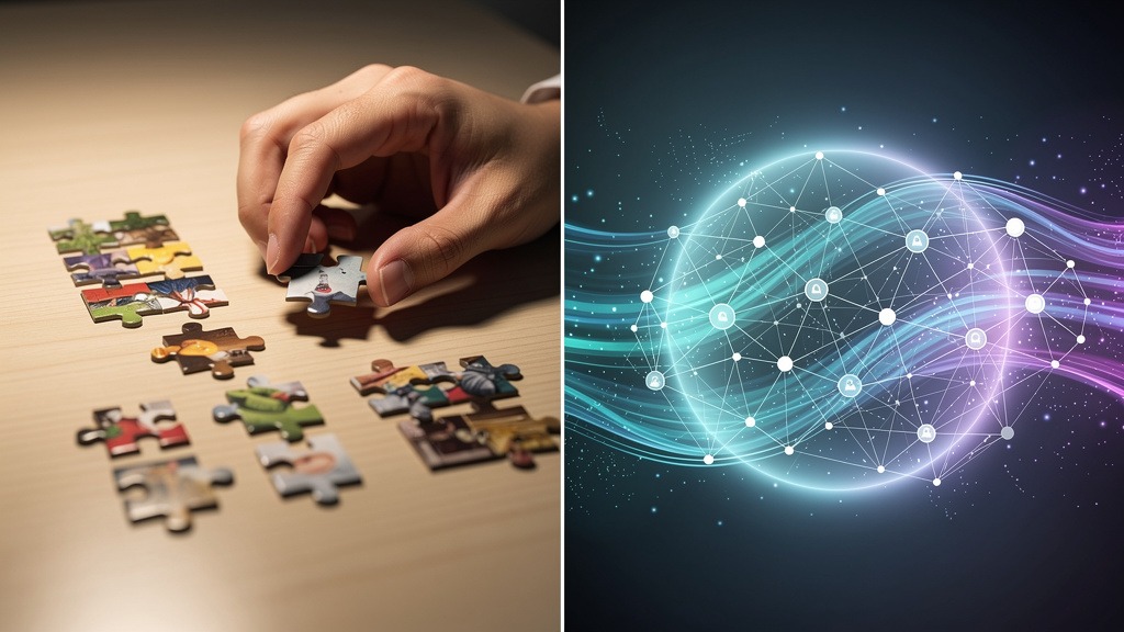 A split image showing a human hand inspecting puzzle pieces on one side, and a glowing data network on the other, contrasting manual and automated analysis.