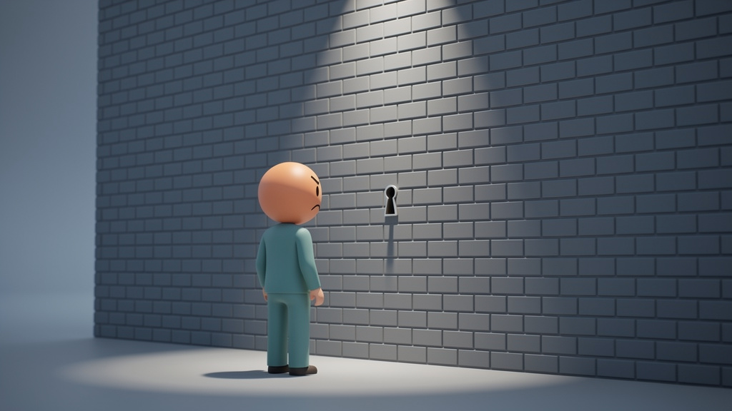 A stylized, frustrated customer icon facing a brick wall with a tiny keyhole, representing traditional QA failures.
