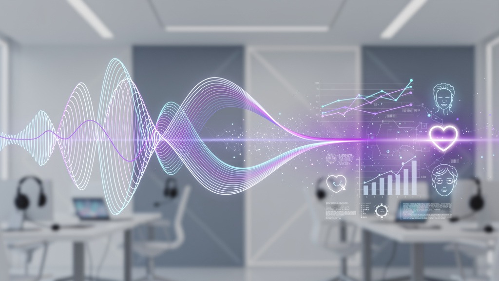 Abstract visualization of AI processing human speech, with sound waves transforming into analytical data points, representing sentiment analysis.