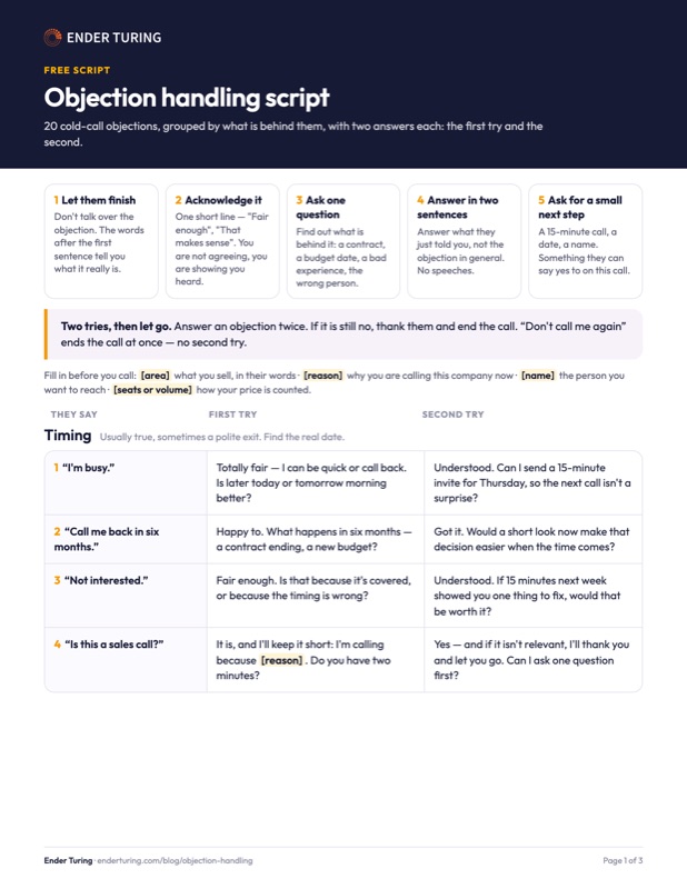 Page 1 of the objection handling script: the five steps and the first objections with their answers