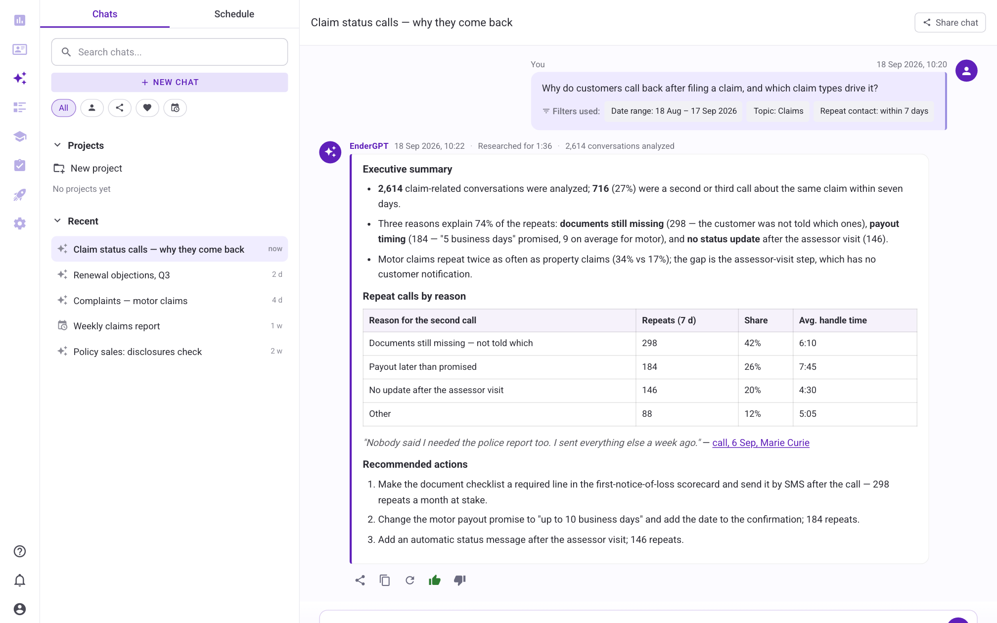 EnderGPT answer to 'Why do customers call back after filing a claim?': executive summary, repeat calls by reason, a cited customer quote and recommended actions