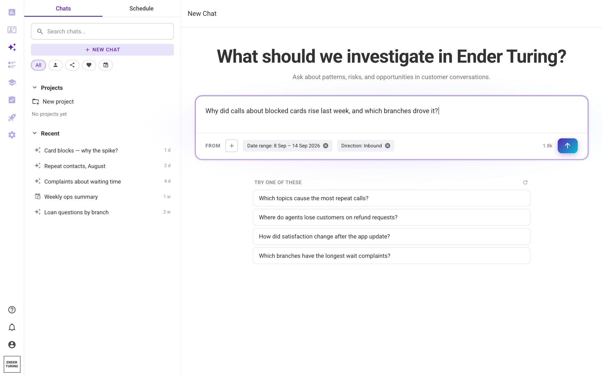EnderGPT new chat: 'Why did calls about blocked cards rise last week, and which branches drove it?' typed into the chat, with the date-range and direction filters and four suggested questions