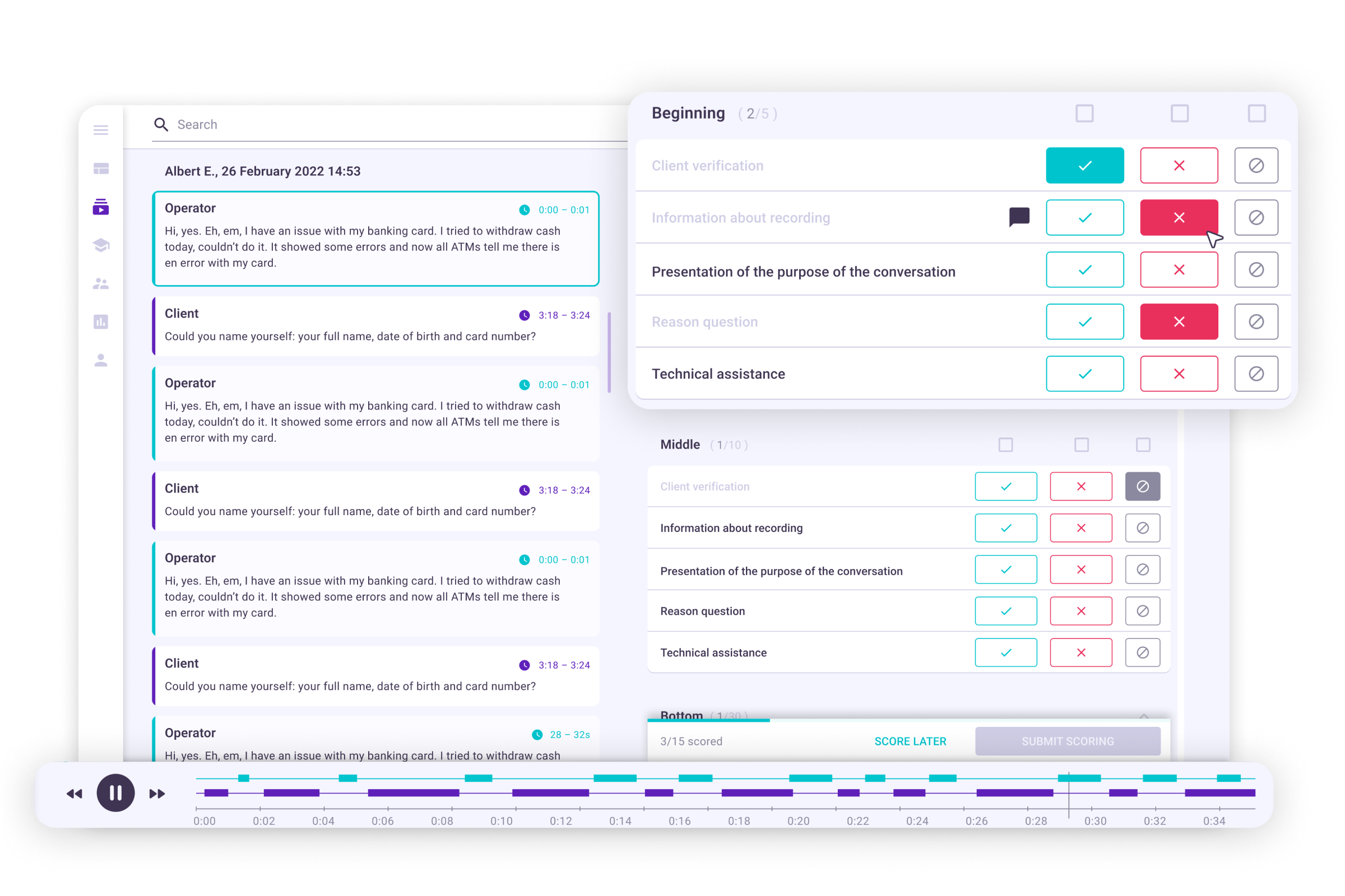 Ender Turing conversation review screen: transcript on the left, scorecard points on the right