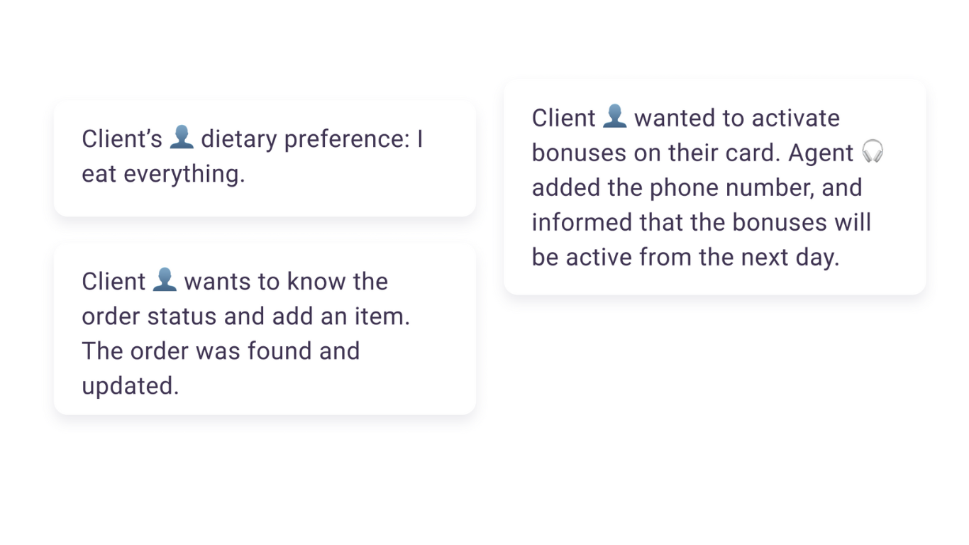 Ender Turing automatic call summaries: short structured notes of what the client wanted and what the agent did